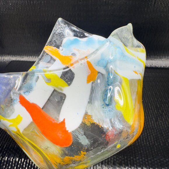 Vintage Hand Made Fused Art Glass Votive Holder Dish Bowl Multicolored Glass VTG - Picture 6 of 8